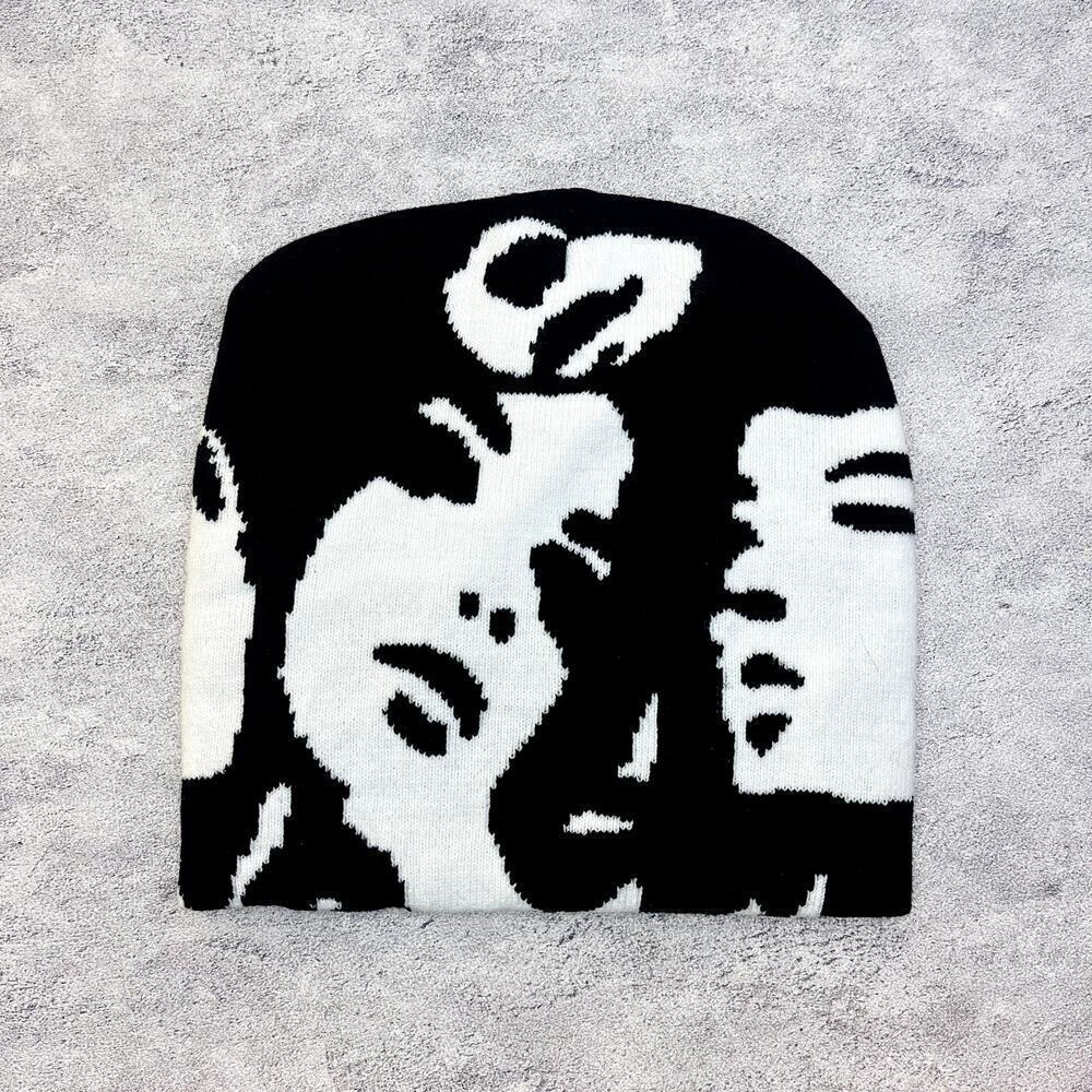 Y2k 2000s black and white faces beanie